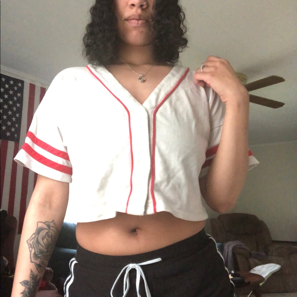 White w/ Red Stripes, Crop Top.